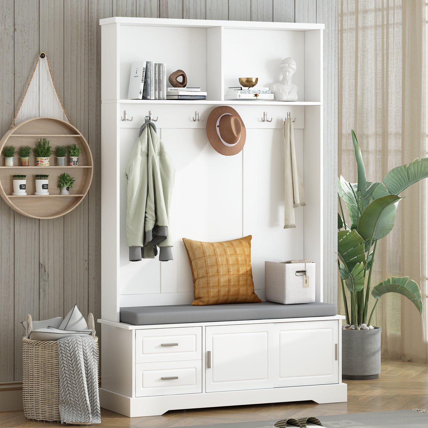 ON-TREND Elegant Hall Tree with Sliding Doors, Versatile Coat Rack with 6 Silvery Hooks & Handles, Mudroom Bench Cabinet with Shoe Storage & 44.4'W Cushion for Hallway, Living Room, White, 47.2*78.7