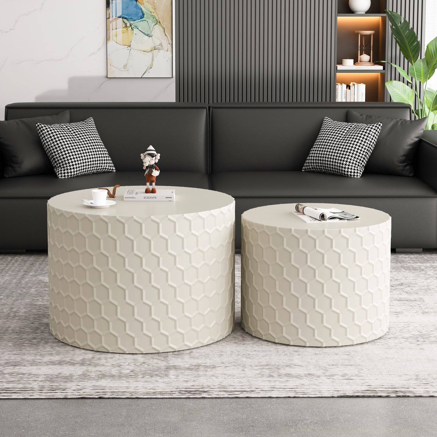 Stylish and Minimalist Nesting Coffee Table Set with Honeycomb Design, Modern Round Coffee Table, Drum Circle Coffee Table  for Living Room, Bedroom, Beige(Set of 2 Pieces)