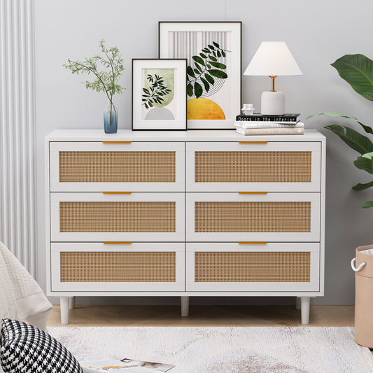 43.31'6-Drawers Rattan Storage Cabinet Rattan Drawer,for Bedroom,Living Room,White