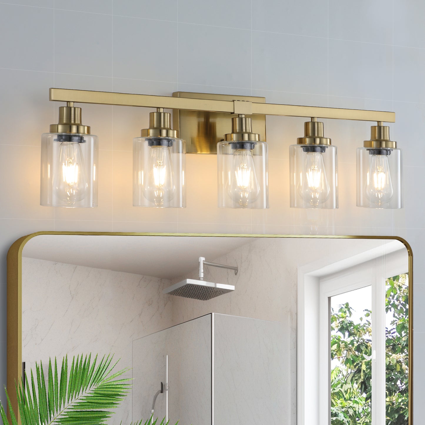 31' Golden 5-Light Vanity Light with Clear Glass Shades, Modern Iron Metal Bathroom Wall Fixture for Mirror, Ideal for Bathroom and Dressing Table (No Bulbs)