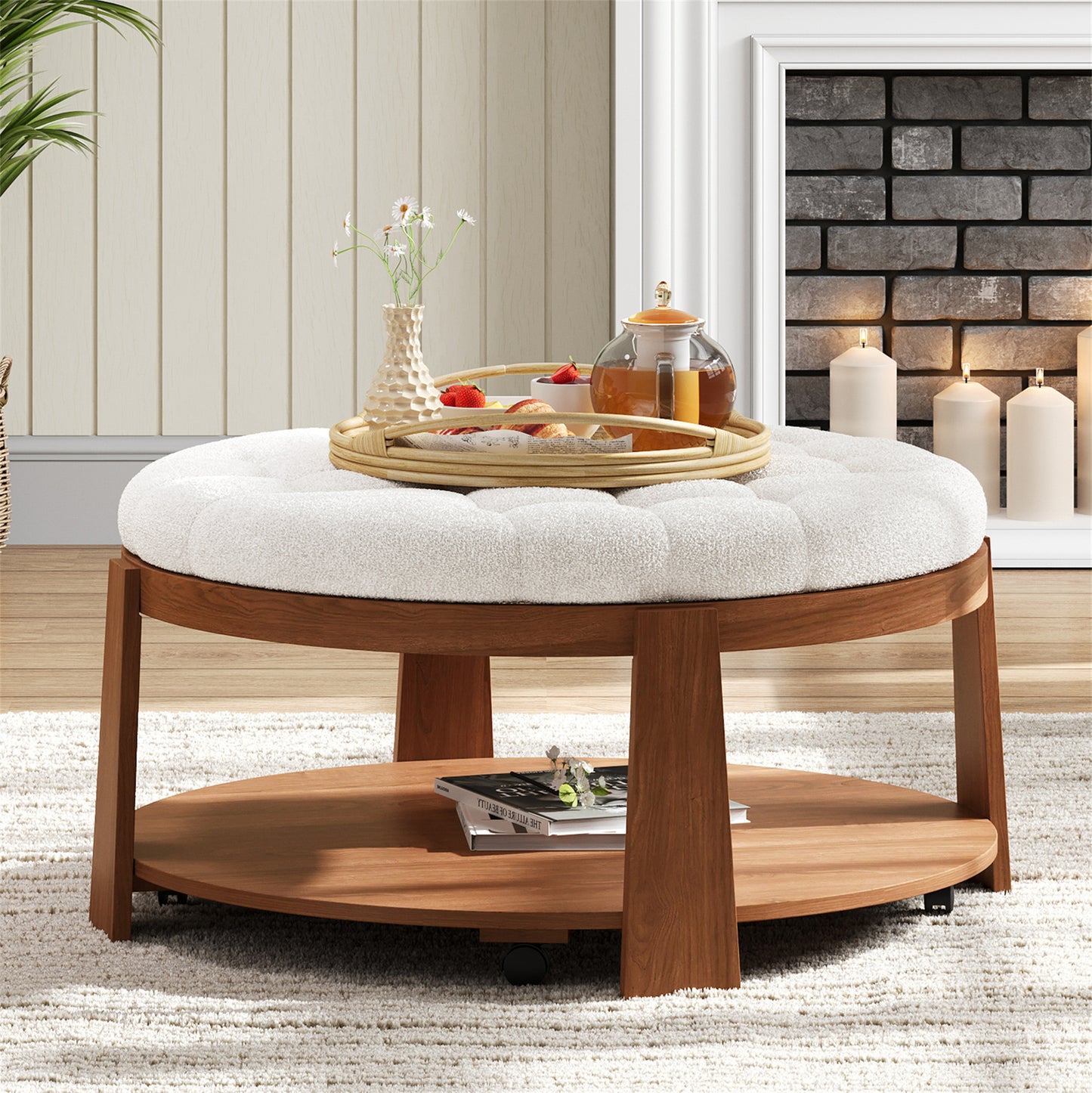 Modern Large Round Ottoman Coffee Table 2-Tier Oversized Button Tufted Ottoman with Wood Shelf Storage Upholstered Coffee Table for Living Room Footrest Ottoman with wheel, waterproof Linen