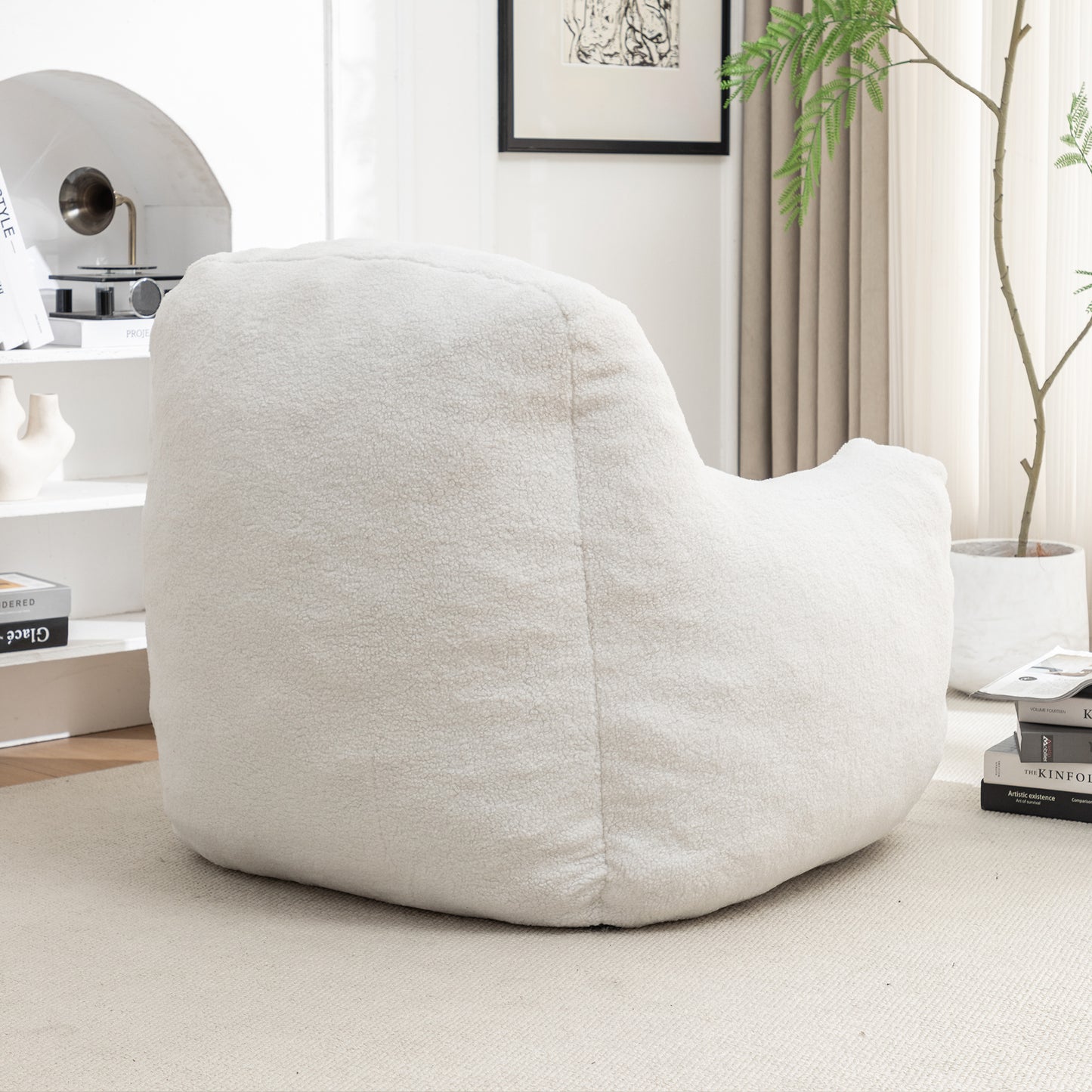 Comfy Bean Bag Chair with Filler, Tufted Memory Foam Sofa in White Teddy Fabric, Fluffy and Cozy Seating for Dorm, Apartment, or Living Room