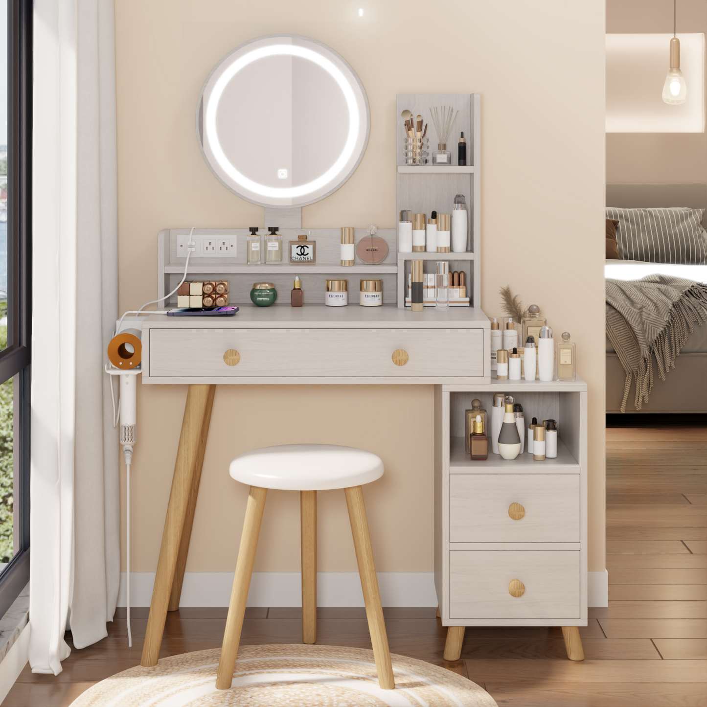 Round Mirror Bedside Cabinet Vanity Table + Cushioned Stool, With 2 AC Power + 2 USB socket, 17' diameter LED Mirror, Touch Control, 3-color, Brightness adjustable, Large desktop, Multi-layer Storage