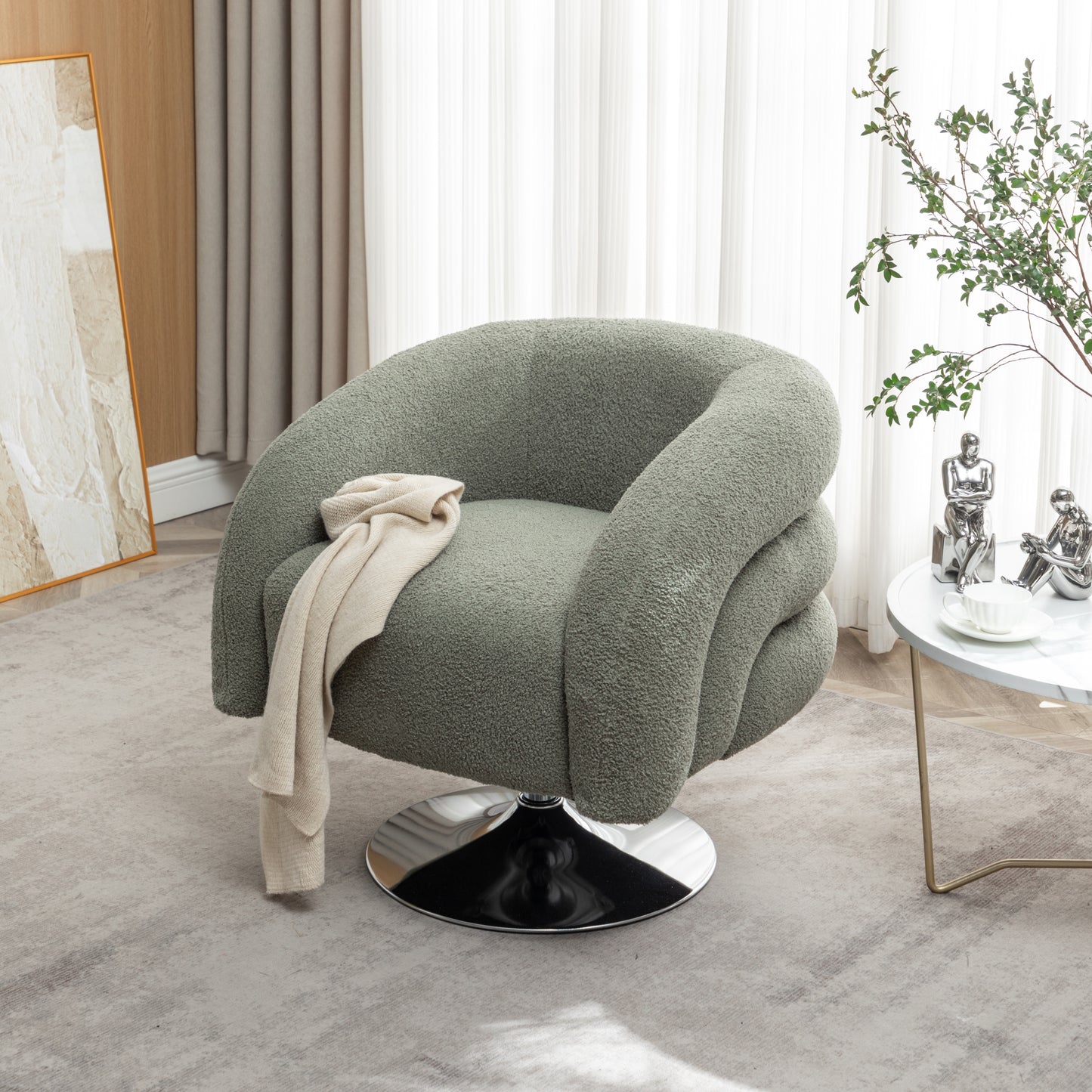 Modern style  emerald single swivel sofa chair, Teddy upholstered single sofa with round and fluffy reading chair, suitable for living room, bedroom, corner.