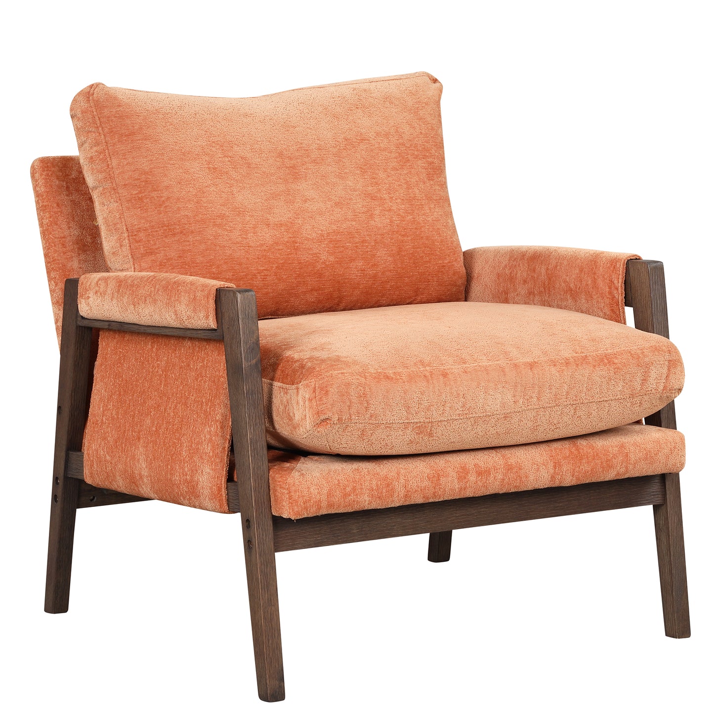 Mid-Century Modern Velvet Accent Chair with Solid Wood, Thick Seat Cushion, Orange
