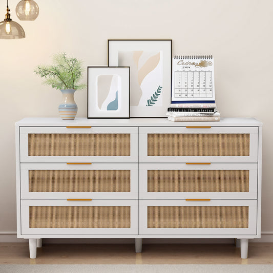 51.18'6-Drawers Rattan Storage Cabinet Rattan Drawer,for Bedroom,Living Room,White (Same SKU:W757P174986)