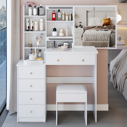 37' Middle Size Left Bedside Cabinet Vanity Table + Cushioned Stool, Extra Large Right sliding mirror, Multi Layer High Capacity Storage, Practical Fashionable Dresser, Suitable For Large Space