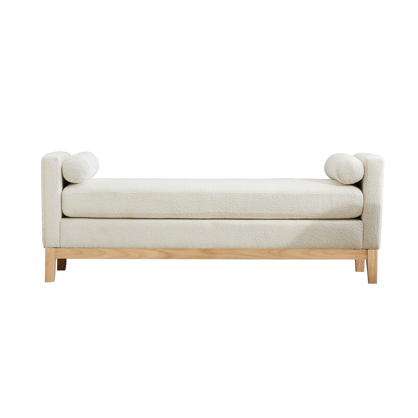 Elegant Upholstered Bench Daybed Ottoman with Nature Wood Legs & Bolster Pillows in Ivory Boucle, 66.34'W