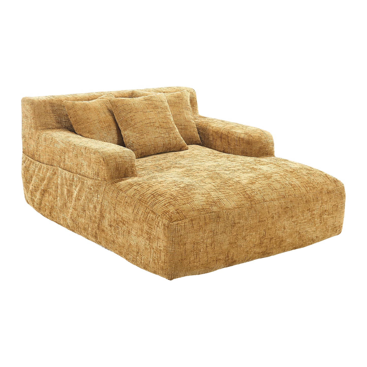 Chenille Interior Lazy Sofa Chaise Longue with Armrests and Three Pillows, Yellow, 61.42 x 48.43 x 27.95 inches