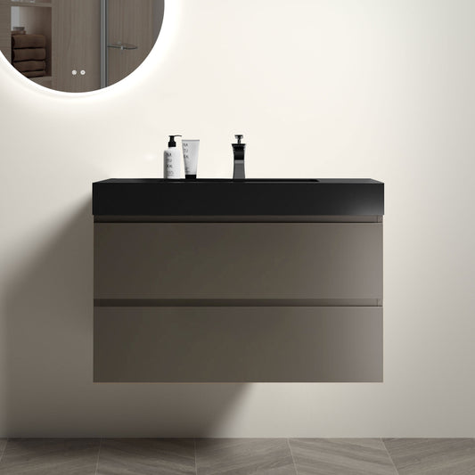 Alice 36' Gray Bathroom Vanity with Sink, Large Storage Wall Mounted Floating Bathroom Vanity for Modern Bathroom, One-Piece Black Sink Basin without Drain and Faucet, Pre-assembled
