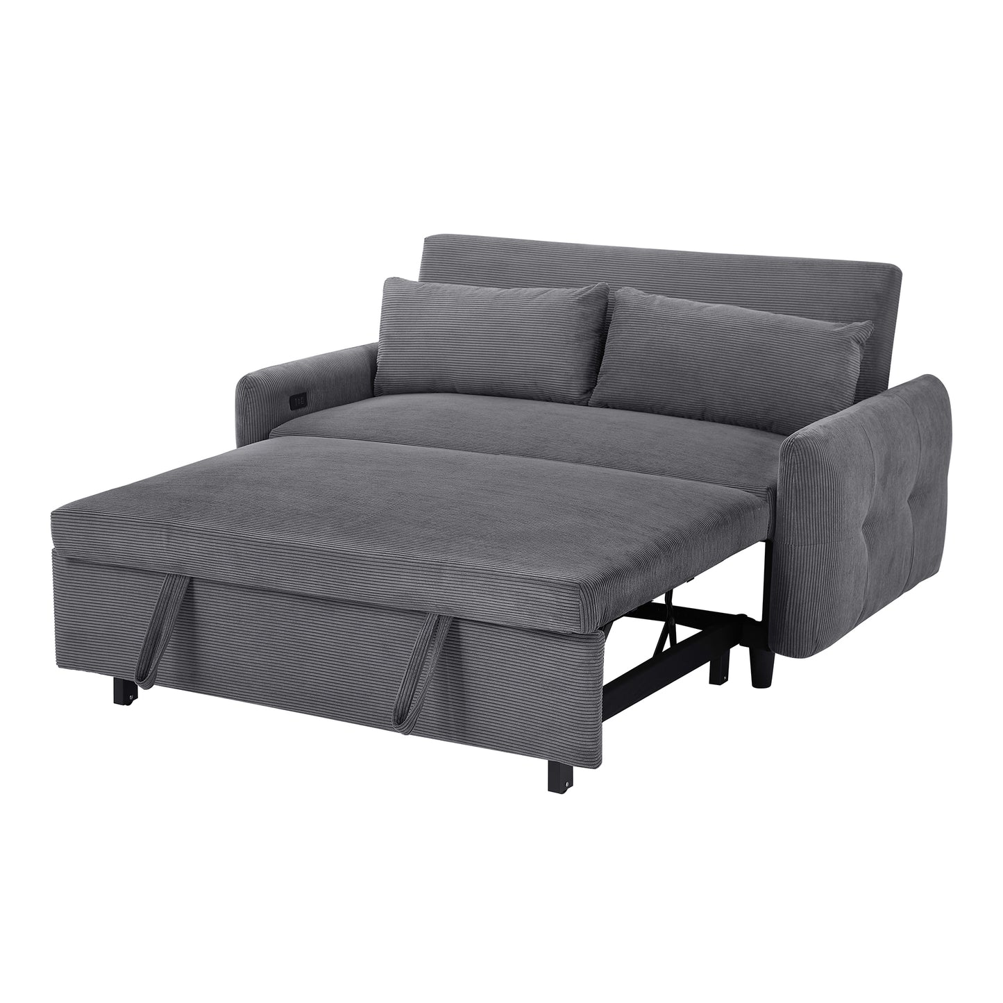 Modern Convertible Pull-out Sofa Bed with USB Ports, Dark Grey Corduroy, 57.48'