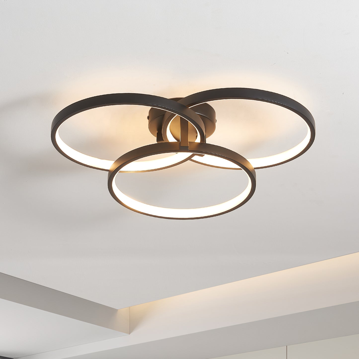 20' Modern Black LED Ceiling Light, 3-Ring Flush Mount Fixture for Living Room, Bedroom, or Dining Room, Sleek and Energy-Efficient Design, Easy Installation
