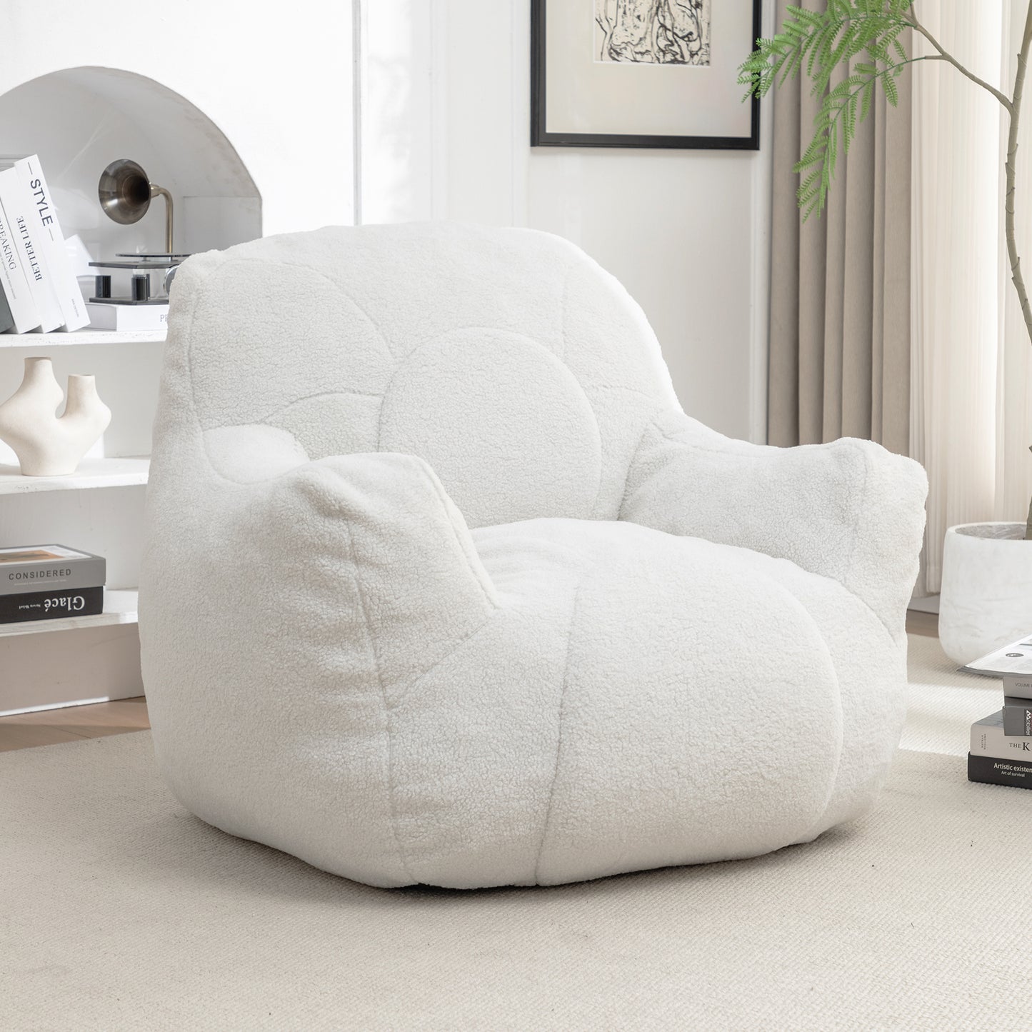 Comfy Bean Bag Chair with Filler, Tufted Memory Foam Sofa in White Teddy Fabric, Fluffy and Cozy Seating for Dorm, Apartment, or Living Room