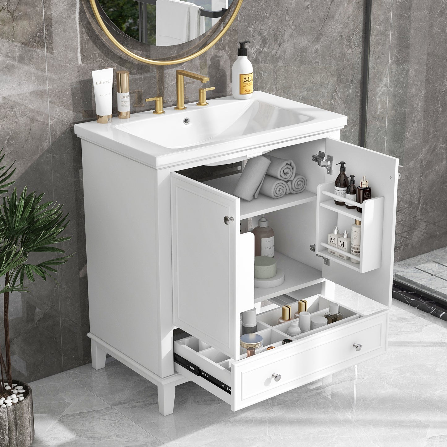 30' Bathroom Vanity with Sink Combo, Multi-functional Bathroom Cabinet with Doors and Drawer, Solid Frame and MDF Board, White (Old Sku:SY999606AAK)