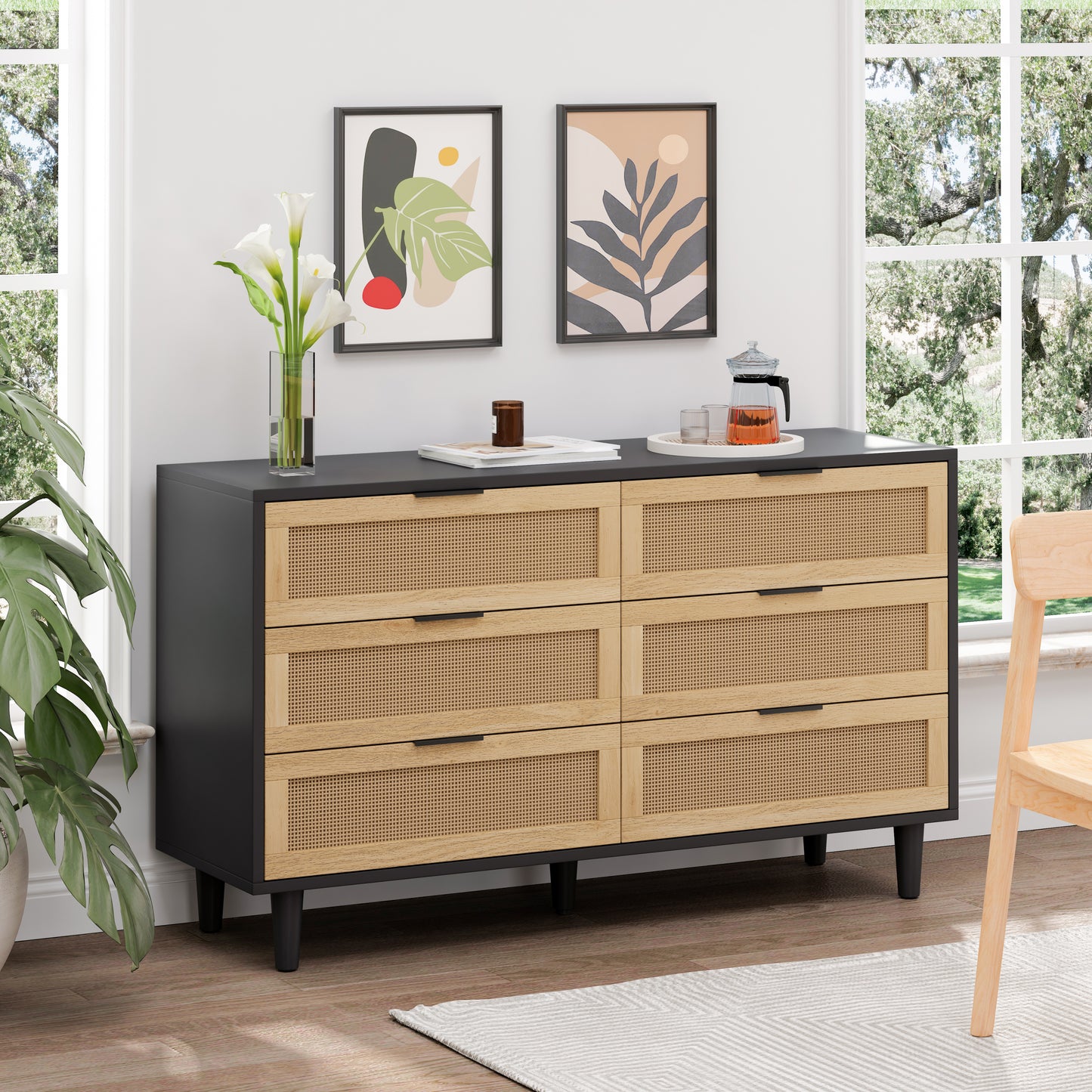 51.18'6-Drawers Rattan Storage Cabinet Rattan Drawer with White Drawer Slides,for Bedroom,Living Room,Black