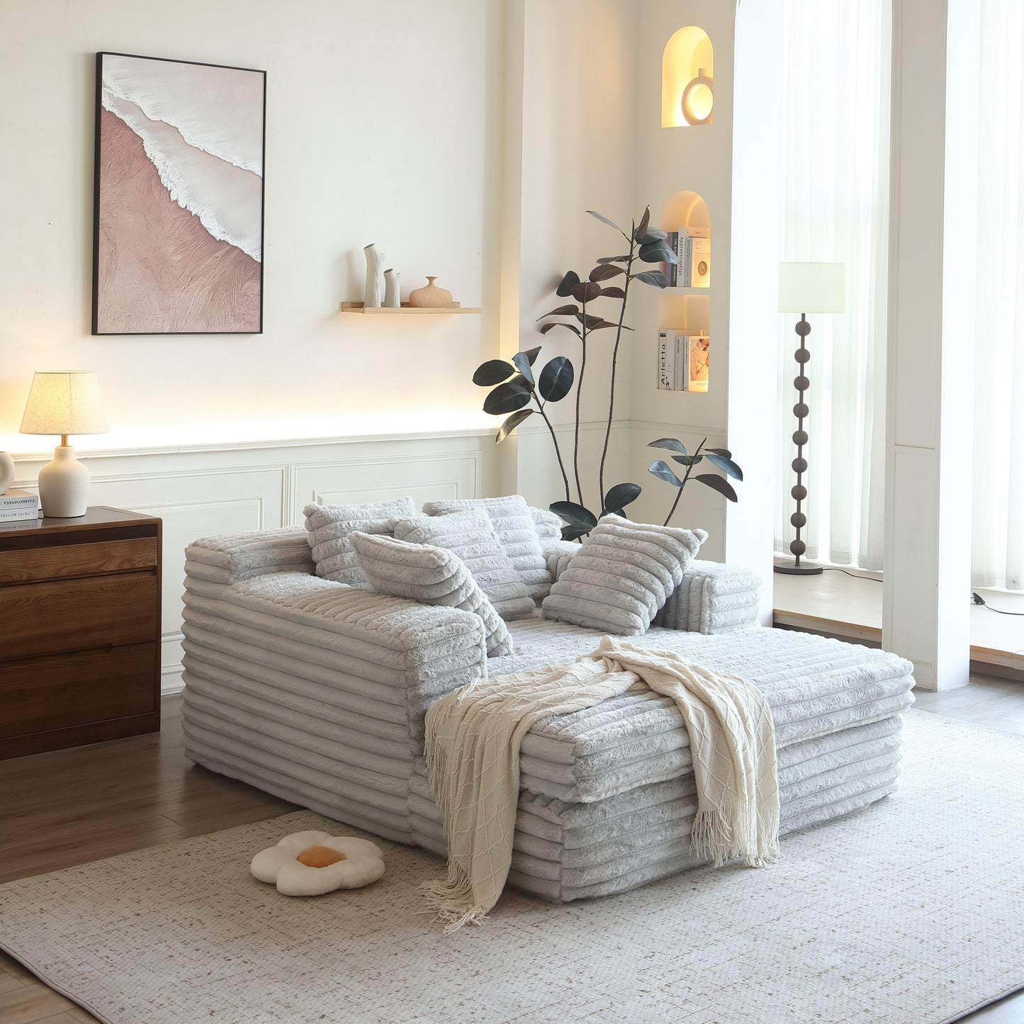 Chaise Lounge Indoor, Upholstered Sofa Bed with Throw Pillows and Armrests, Sleeper Chair- Plush Chair Bed for Living Room, Light Grey