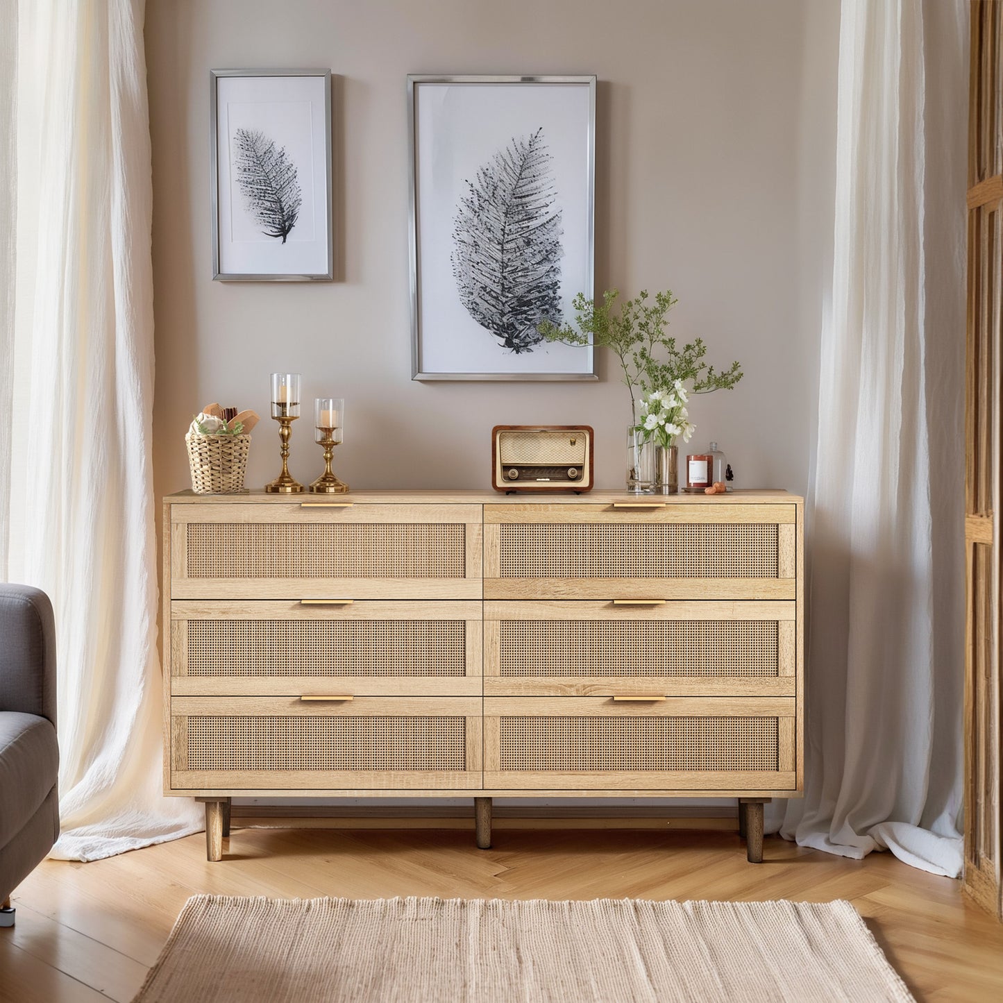 51.18'6-Drawers Rattan Storage Cabinet Rattan Drawer,for Bedroom,Living Room,Natural (Same SKU:W75784346)