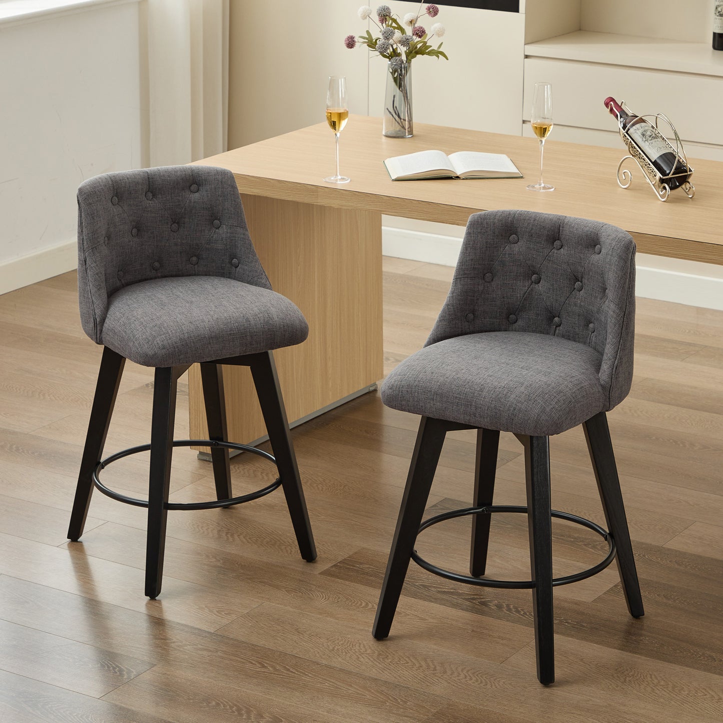 007-25' Swivel Bar Stools Set of 2-Modern Counter Height Stools with Linen Upholstery&Button Tufted Back, Solid Wood Frame Barstools for Kitchen Island, Breakfast Bar or Home Pub, Dark Grey