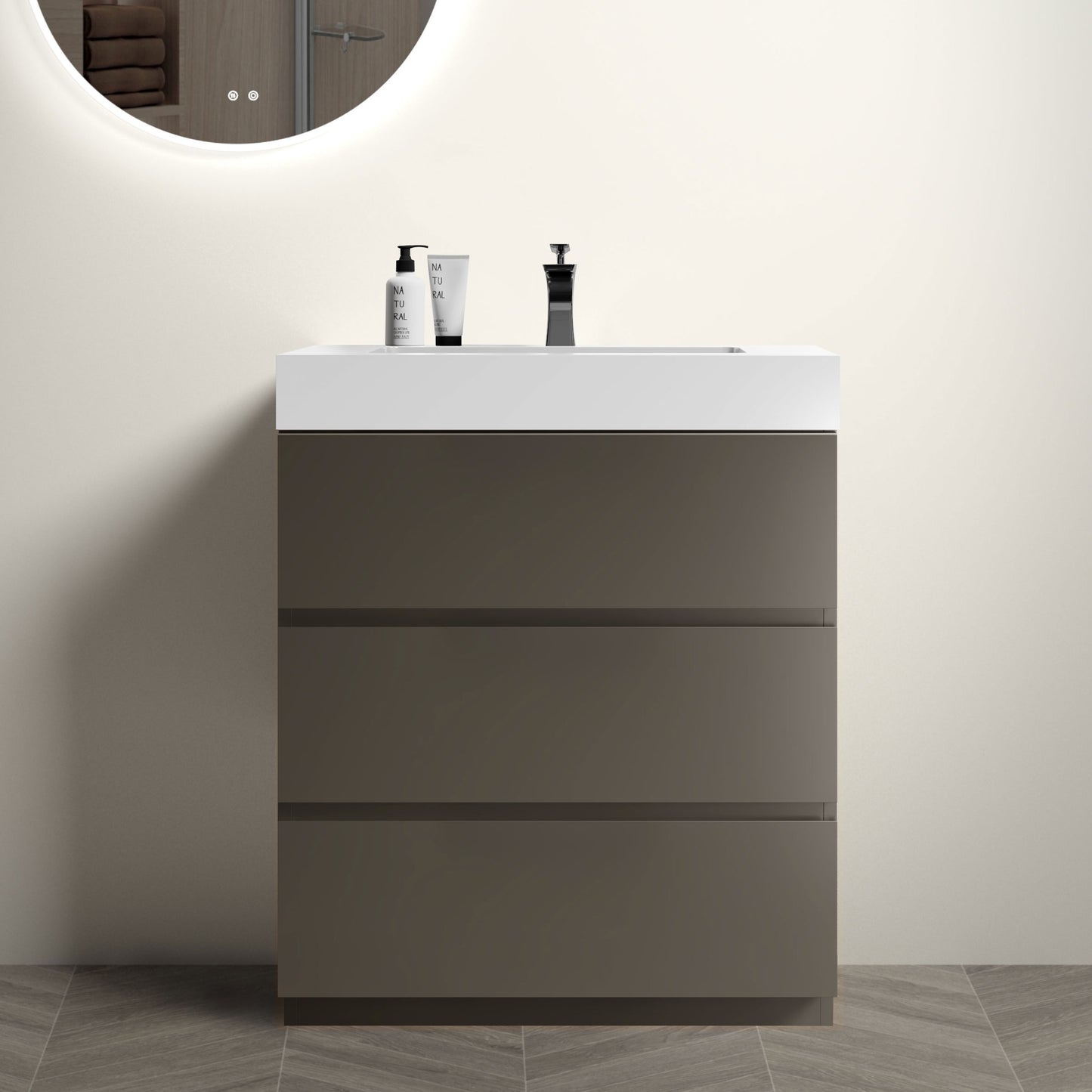 Alice 30' Gray Bathroom Vanity with Sink, Large Storage Freestanding Bathroom Vanity for Modern Bathroom, One-Piece White Sink Basin without Drain and Faucet, Pre-assembled