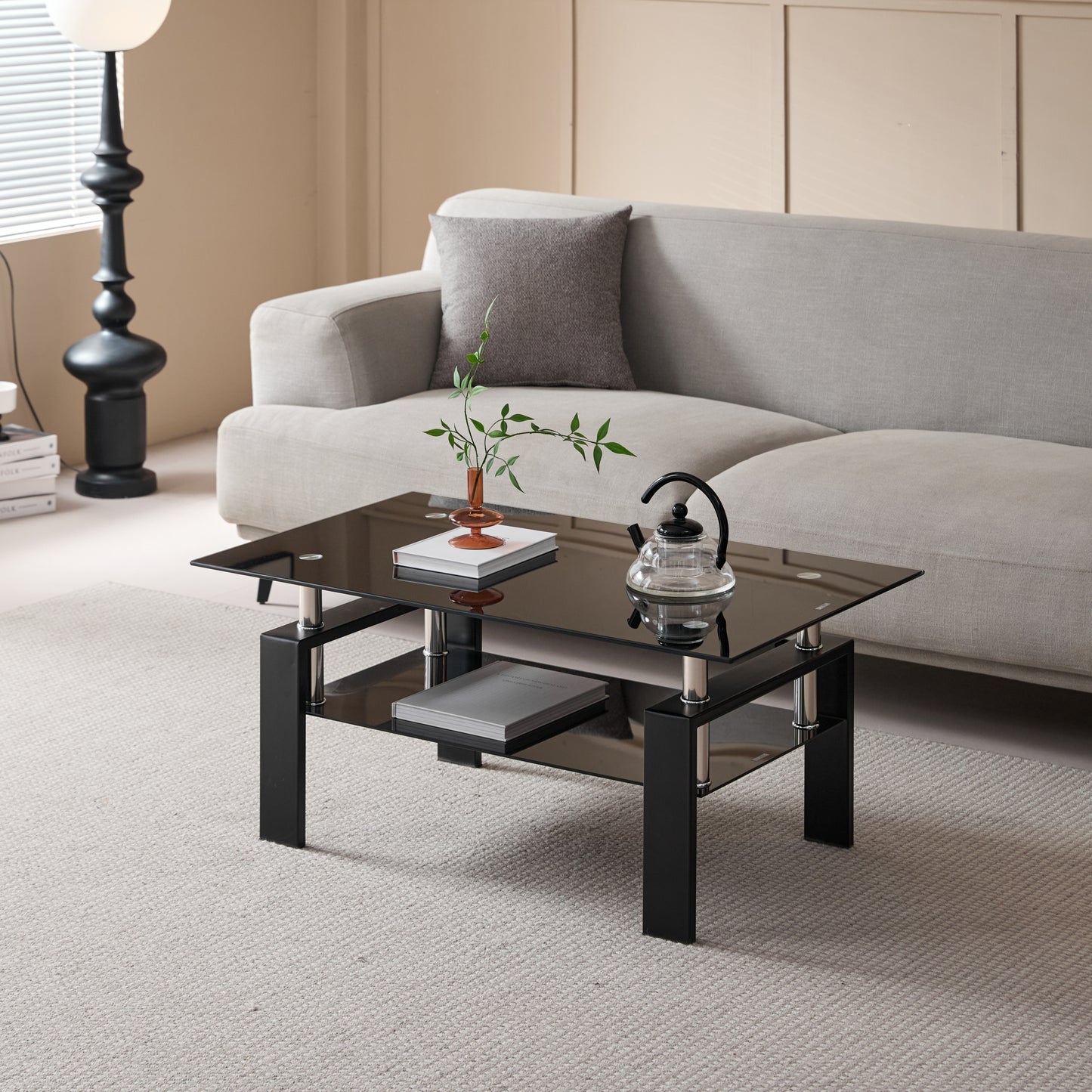 Tempered Black Glass Coffee Table, 2-Layers Tea Table
