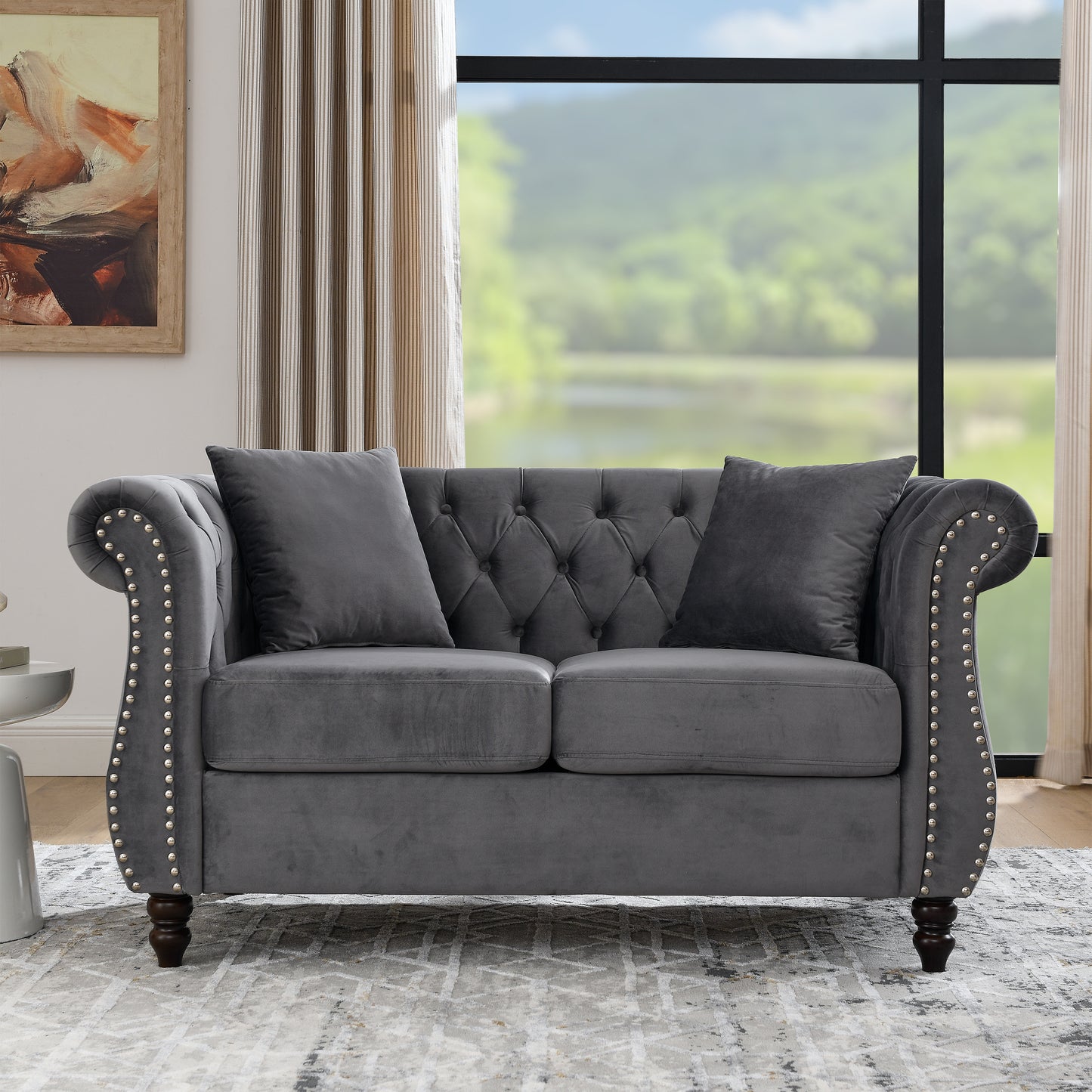 58.8' Chesterfield Sofa Grey Velvet for Living Room, 2 Seater Sofa Tufted Couch with Rolled Arms and Nailhead for Living Room, Bedroom, Office, Apartment, two pillowsW834S00069