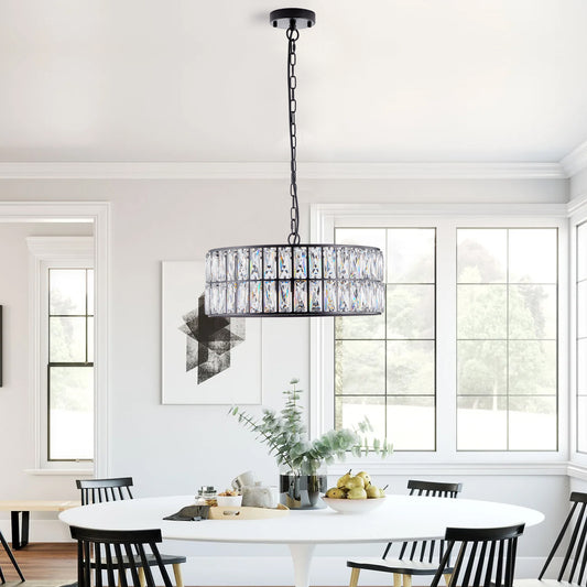 18' Black Modern Crystal Drum Chandelier, 6-Light Pendant Lighting Fixture with Metal Frame for Living Room, Dining Room, and Bedroom (Bulbs Not Included)