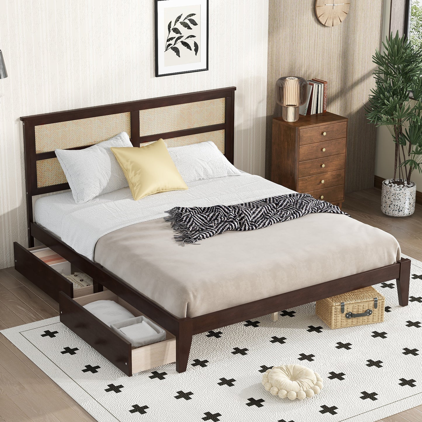 King Size Bed with Rattan Headboard, Two Storage Drawers, Rubber Wood Bed with Enhanced  Support Salts and Feet,Espresso