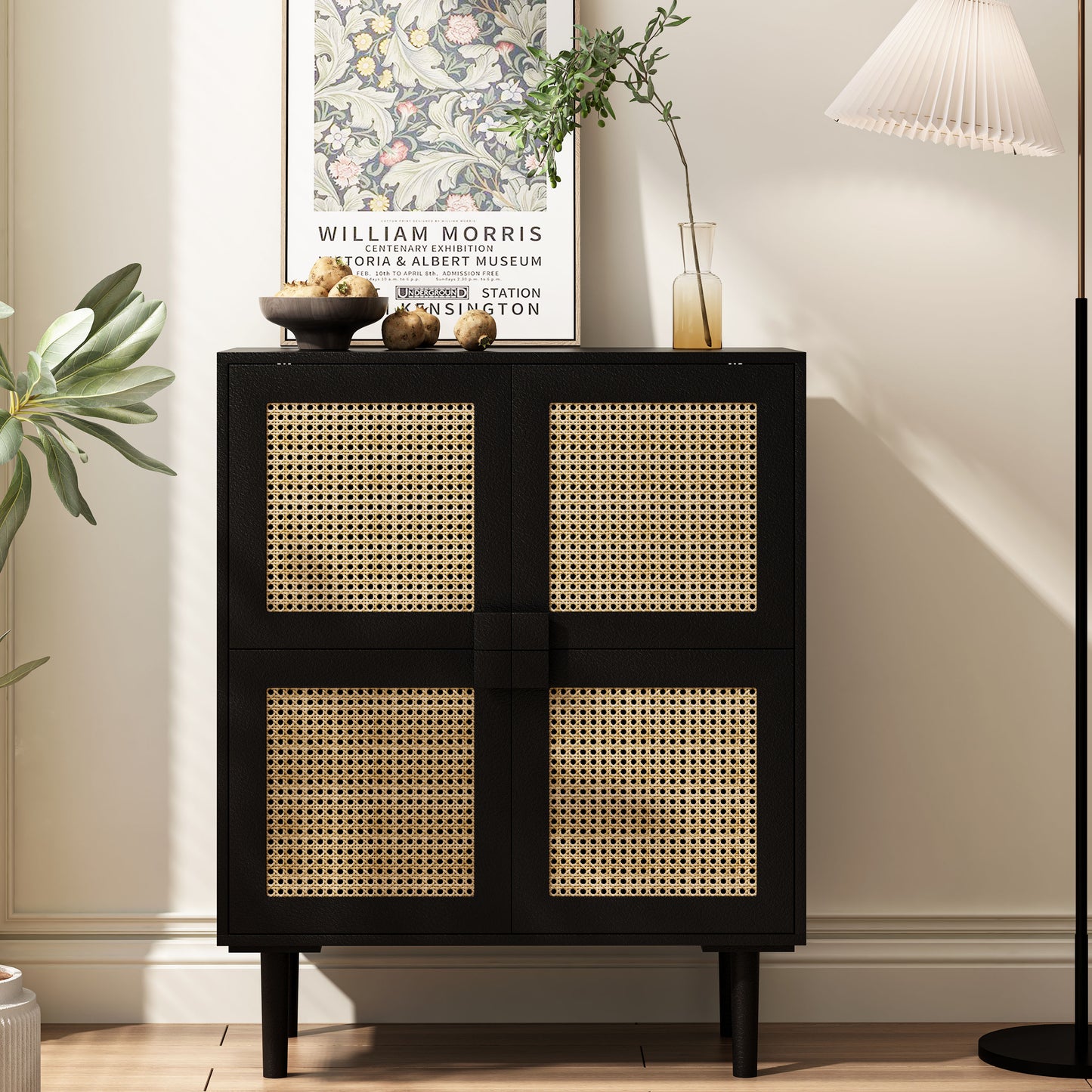 4-Doors Rattan Mesh Storage Cabinet, Sideboard with Eight Storage Spaces, for Entryway, Living Room, Hallway (Black)