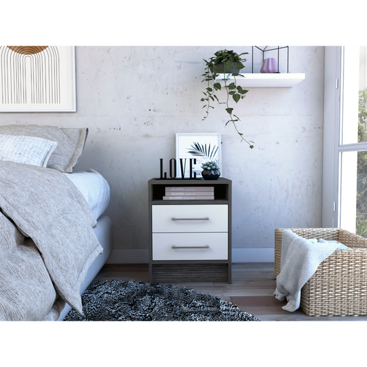 Nightstand 20'H, Two Drawers, Superior Top, Metal Handles, Smokey Oak / White