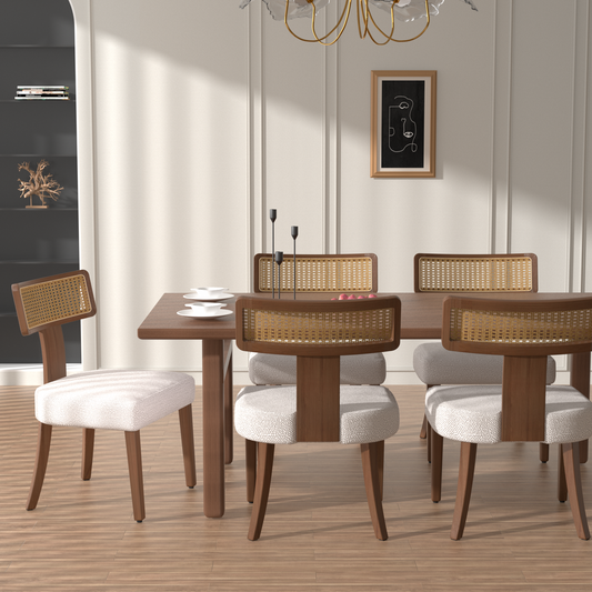 Mid Century Modern Dining Chairs Set of 2,Solid Wood and Rattan Net Back,Dining Room Chairs Accent Side Chairs for Dining Room,Walnut Frame and Beige Set Coushion