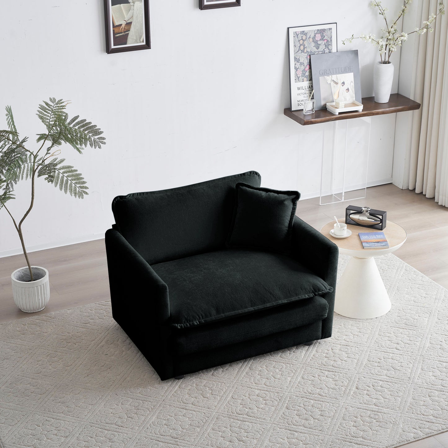 Comfy Deep Single Seat Sofa Upholstered Reading Armchair Living Room Chair Black Chenille Fabric , 1 Toss Pillow