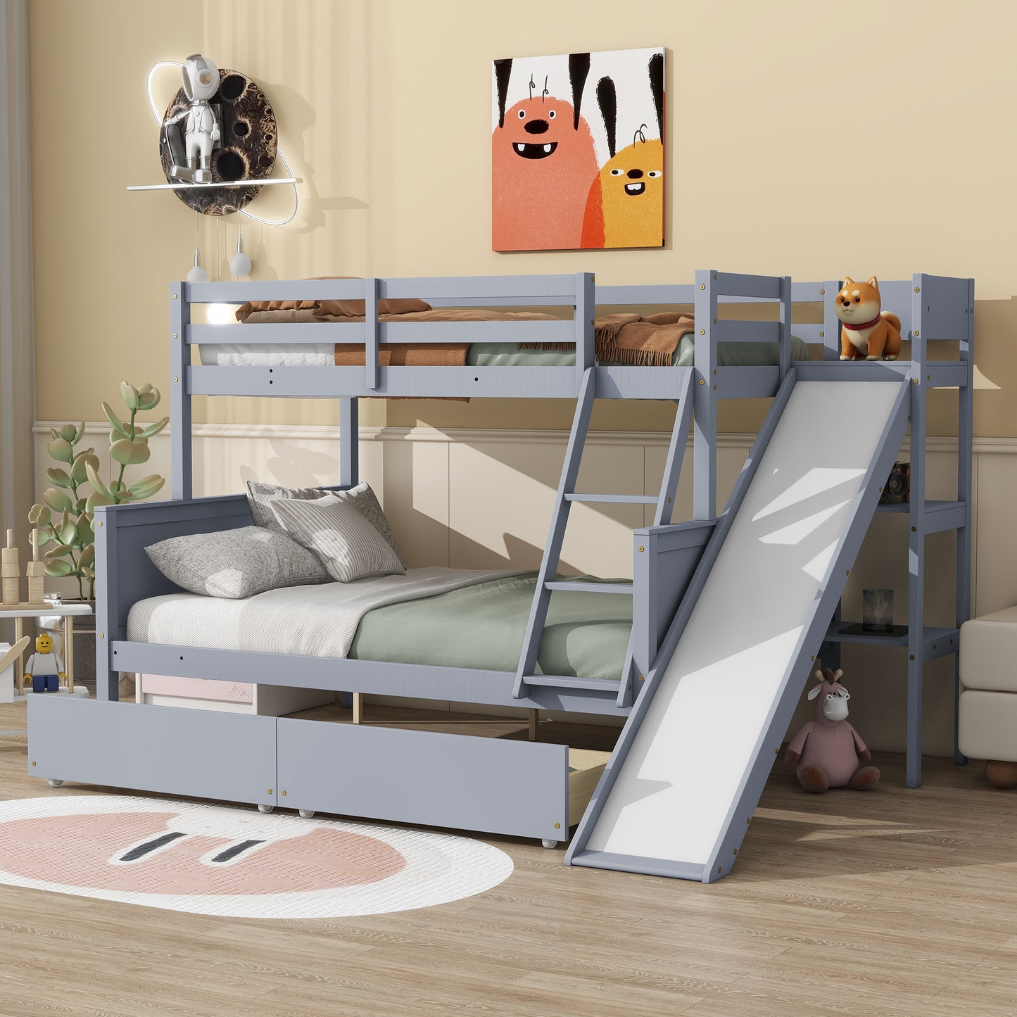 Twin over Full Bunk Bed with 2 Drawers, Slide, Shelves, Ladder, Rubber Wood Bunk Bed with Slide, Drawers,Grey(Old Sku:W504S00061)