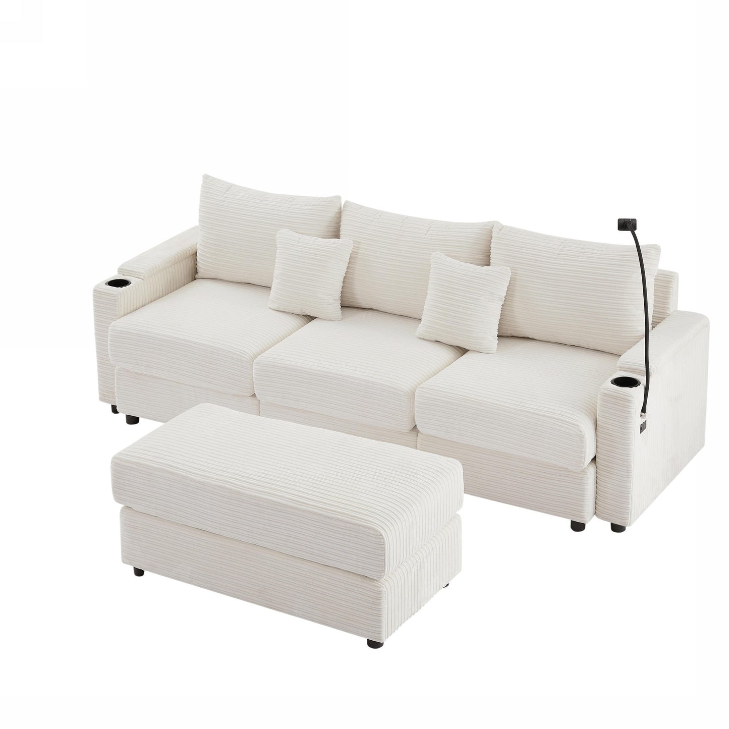 Modern Style 3-Seater Sofa Sectional with Storage, USB Ports, Cup Holders, Phone Holder, Beige Corduroy, 95.3'
