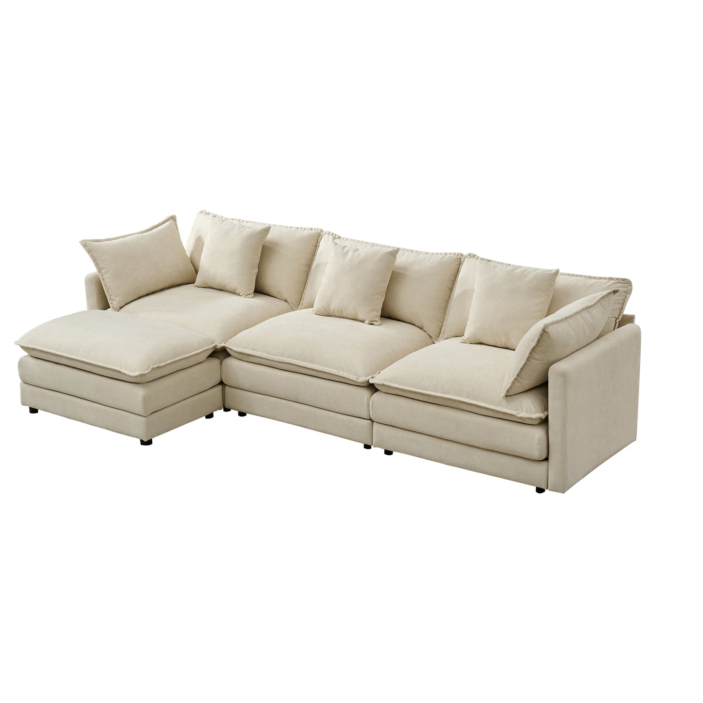 Modular Ottoman-Style Deep Seat Chenille Sofa with Cushions, Off-White, 110-Inch L-Shaped