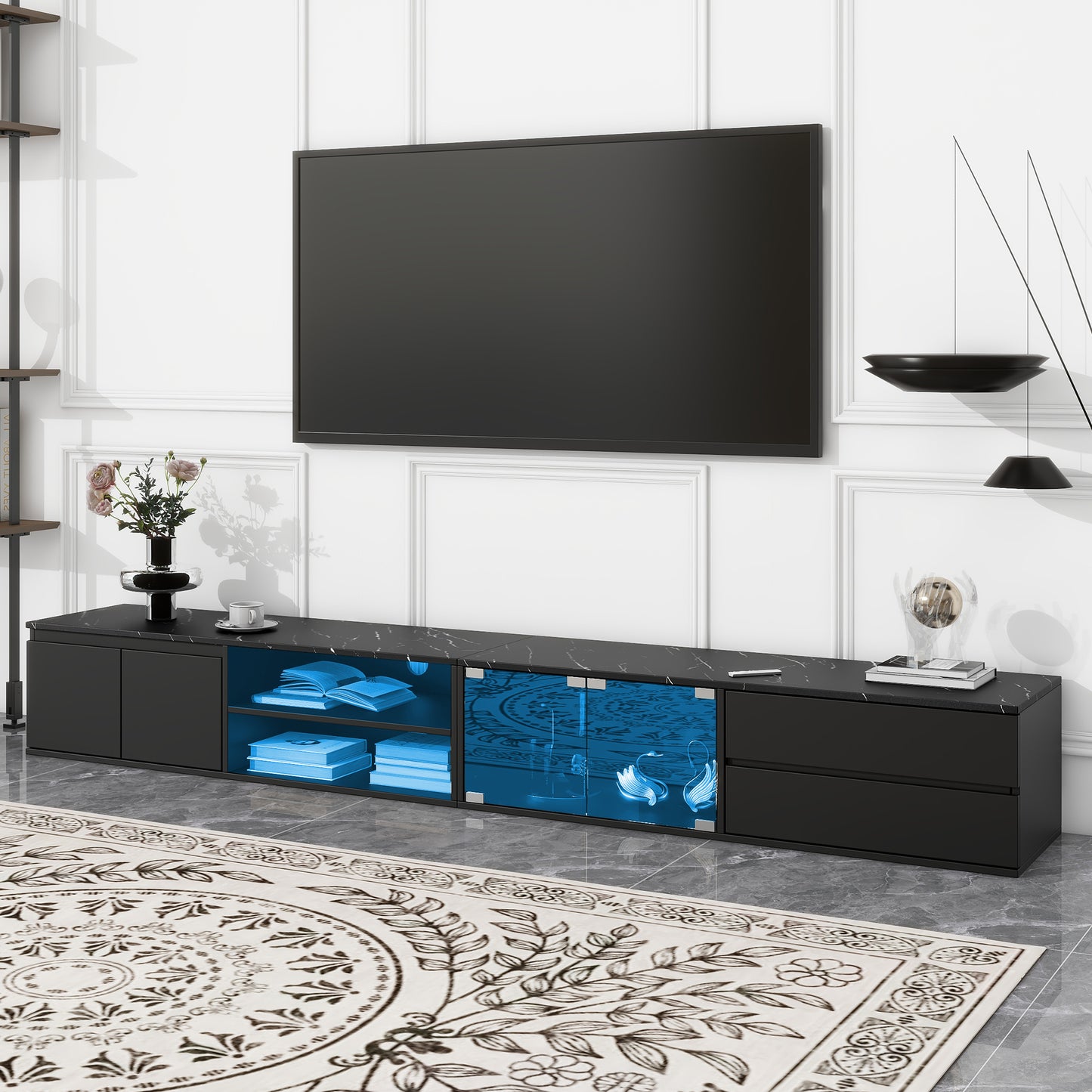 ON-TREND Modern APP Controlled LED TV Stand for TVs Up to 105'', Faux Marble Tabletop Media Console with Tempered Glass Doors, Entertainment Center with 2 Drawers & Cabinets for Living Room, Black