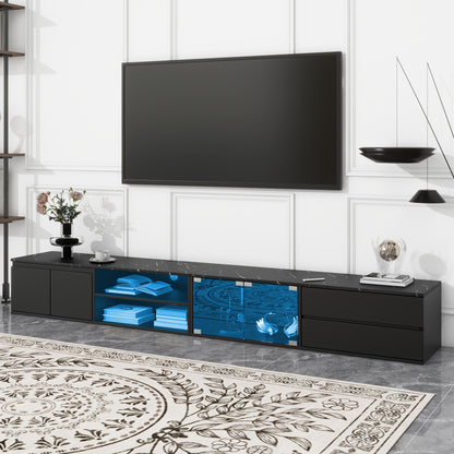 ON-TREND Modern APP Controlled LED TV Stand for TVs Up to 105'', Faux Marble Tabletop Media Console with Tempered Glass Doors, Entertainment Center with 2 Drawers & Cabinets for Living Room, Black