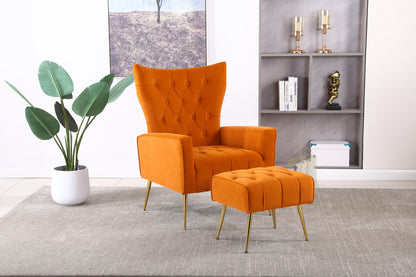 Modern Accent Chair with Ottoman,  Comfy  Armchair for Living Room, Bedroom, Apartment, Office (Orange)