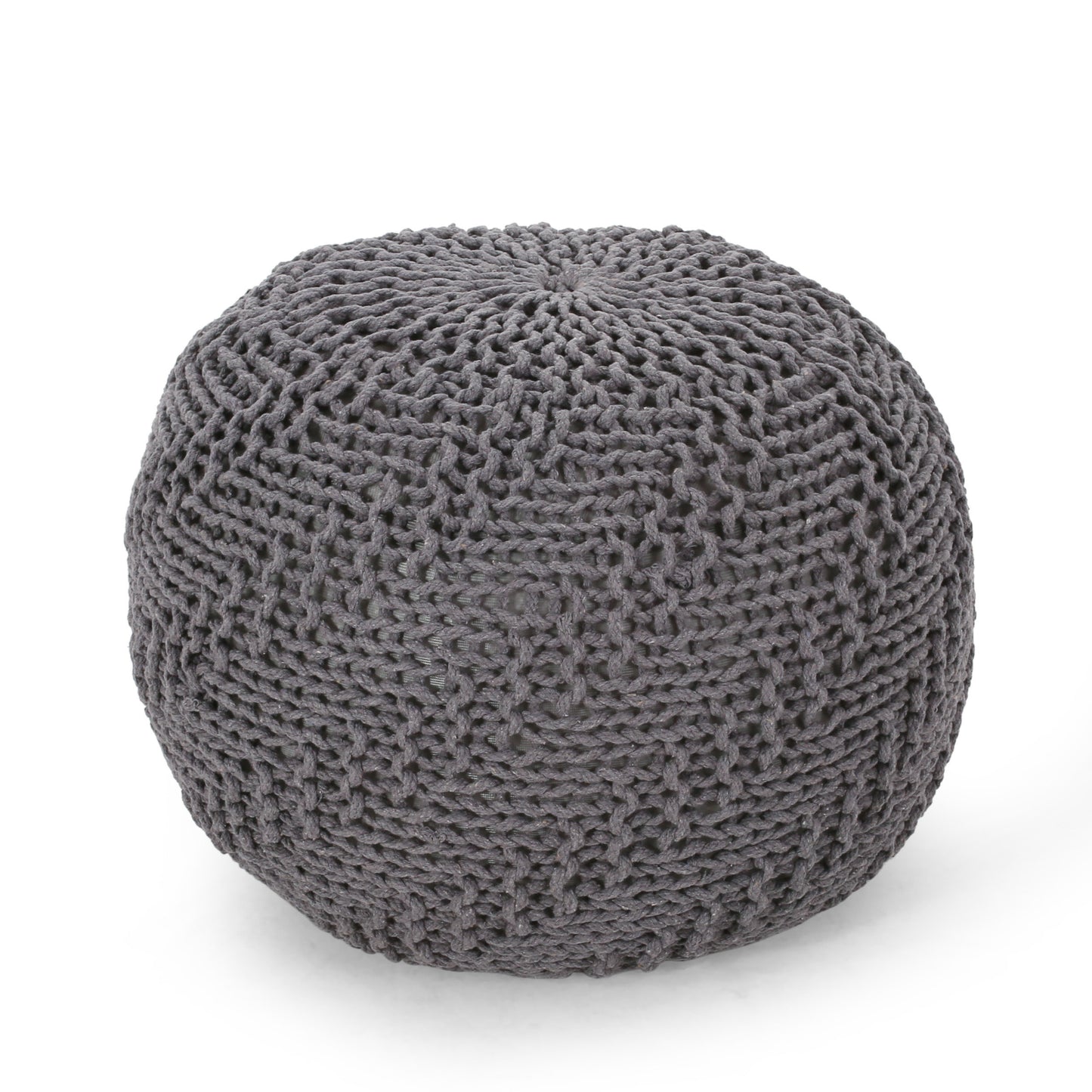 Hazel Modern Knitted Cotton Yarn Round Pouf with Eco-Friendly PET Fibers, Dark Grey, 20 x 20 inches