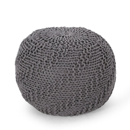 Hazel Modern Knitted Cotton Yarn Round Pouf with Eco-Friendly PET Fibers, Dark Grey, 20 x 20 inches