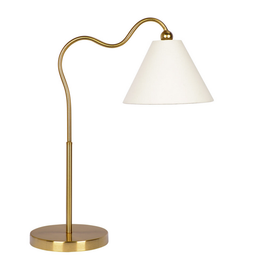 Ornate Brass Ring Base Curved Table Lamp with Triangle White Drum Shade, Gold, Metal, 18.25 x 9.50 x 22.00 inches