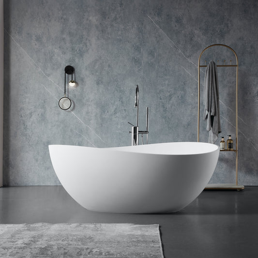 63' Luxury Handcrafted Stone Resin Freestanding Soaking Bathtub with Overflow in Matte White, cUPC Certified - 24S05-63MW