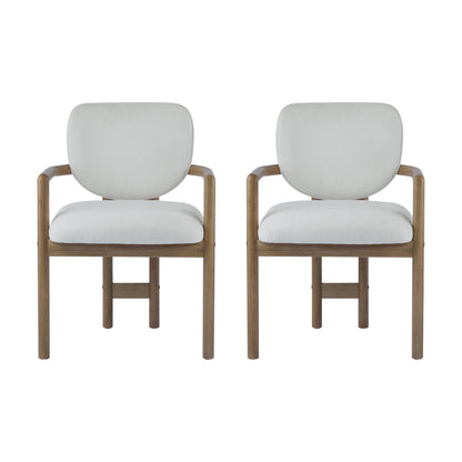 Dining Chairs Set of 2 Upholstered Arm Chairs, Rubber Wood Accent Chairs White Fabric Seating, 300 LBS Weight Capacity