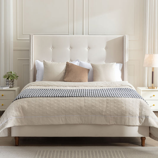 Peyton Upholstered King Bed / 54' High Headboard / Traditional Hand Buttoned Tufting / Nailhead Trim Wingback / No Box Spring Needed / Easy Assembly / Ivory Velvet