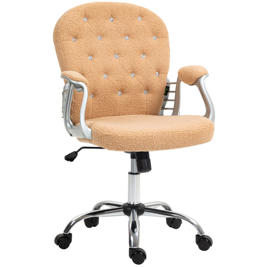 Vinsetto Teddy Fleece Home Office Chair, Button Tufted Desk Chair with Padded Armrests, Adjustable Height and Swivel Wheels, Khaki