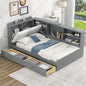 Wood Twin Size platform bed with Storage Headboard, Shelves and 2 Drawers, Gray