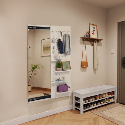 Wall Mounted Full Length Mirror, Full Body Mirror with Shelf, Full Body Mirror with Hook Wall Mounted Mirror with Multifunctional Design Panel, Bedroom/Living Room/Entrance White(47.6*15.7in)