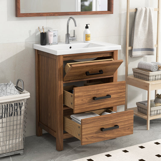 24'' Bathroom Vanity with Ceramic Basin Sink, Modern Bathroom Storage Cabinet with 3 Drawers, Freestanding Bathroom Vanity Cabinet with Single Sink (Same as SW000108AAP)