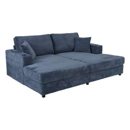 Oversized Loveseat Chaise Lounge Sectional Sofa Bed with USB Ports, Cup Holders, and Throw Pillows, Blue Corduroy