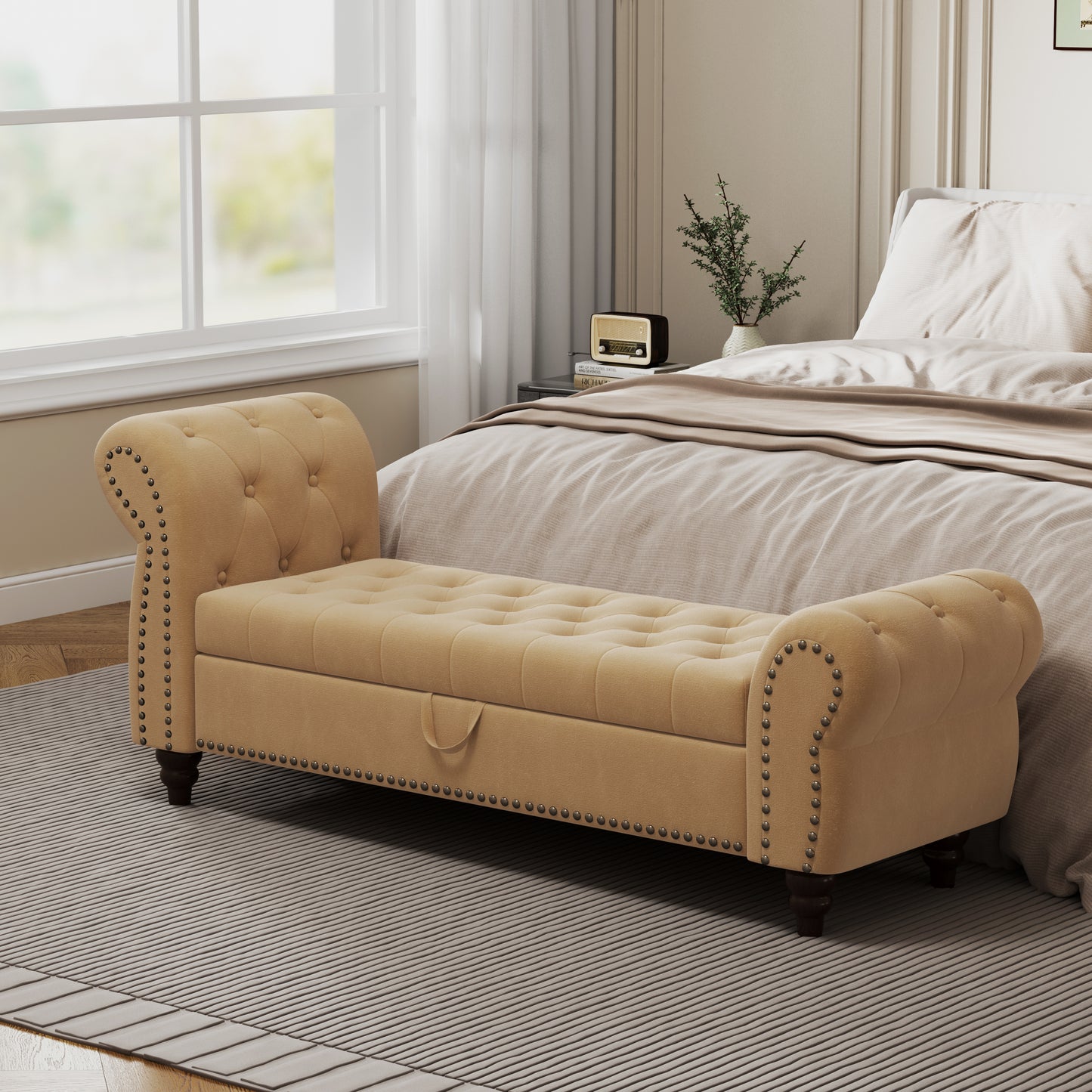 64.5' Bed Bench for Bed Room Nails Tufted Chaise of Lounge with Storage Velvet Upholstery Khaki