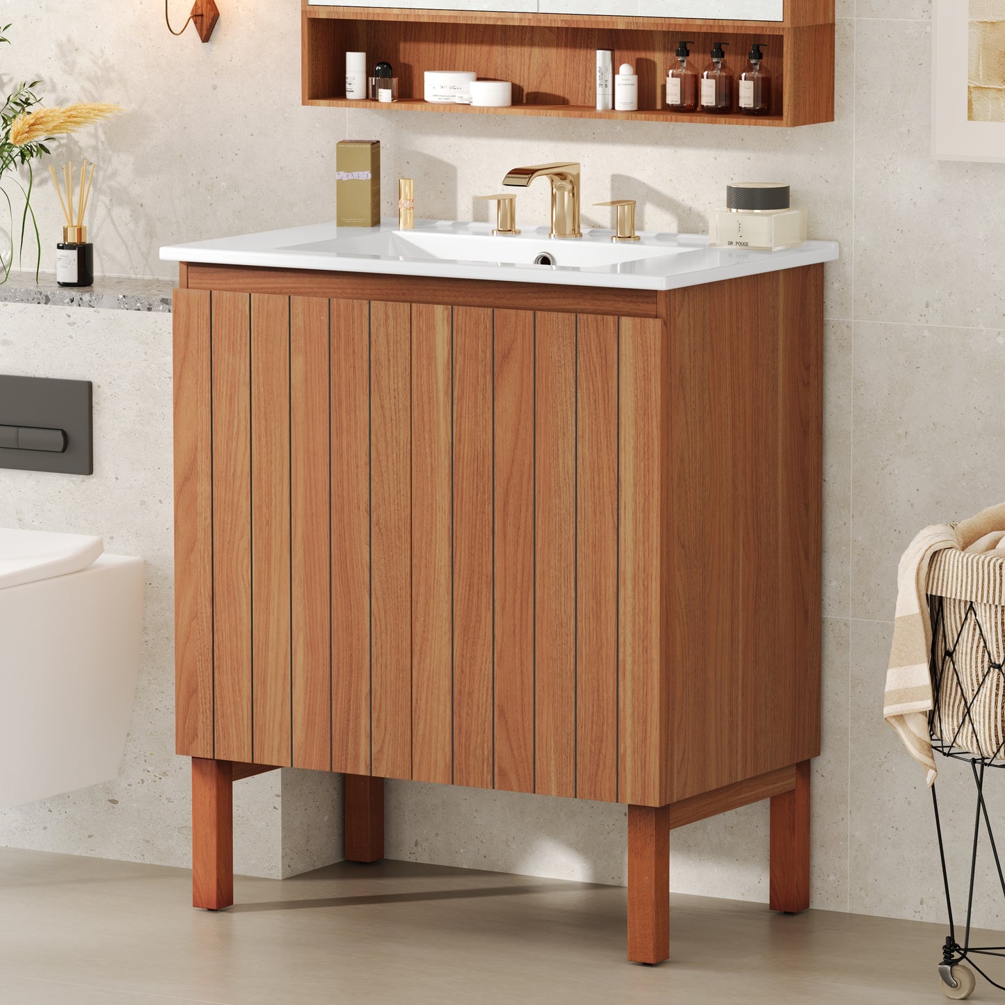 30' Modern Bathroom Vanity with Ceramic Sink, Vintage Minimalist Bathroom Vanity Cabinet, 45 Degrees Free-Handle Design Doors, Vertical Stripe Design Bathroom Vanity with Large Storage Space, Natural